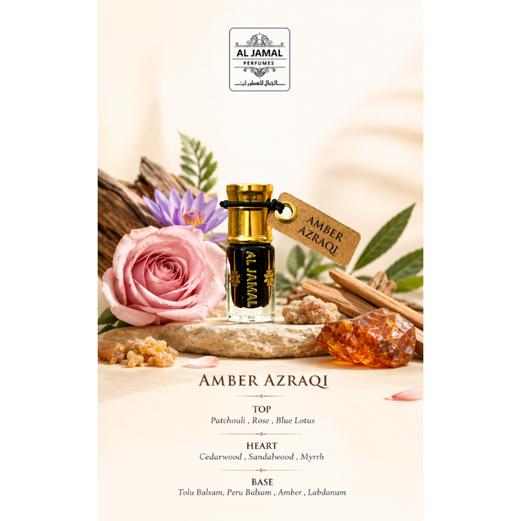 AL JAMAL Amber Azraqi Attar Oil 3ml | Made With Natural Ingredients | Long Lasting