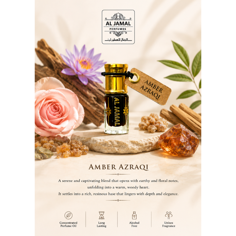 AL JAMAL Amber Azraqi Attar Oil 3ml | Made With Natural Ingredients | Long Lasting
